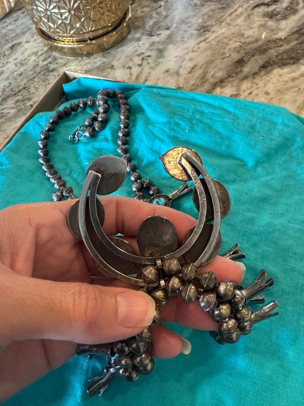 Turquoise Stone Squash Blossom Necklace - Blue Statement Necklace - Picture 4 of 4